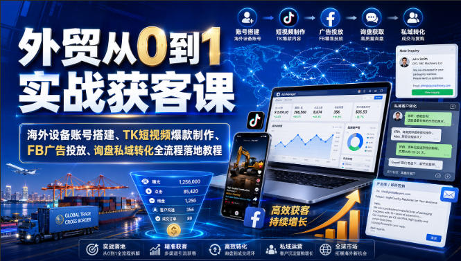 外贸从0到1实战获客课｜海外设备账号搭建、TK短视频爆款制作、FB广告投放、询盘私域转化全流程落地教程-选优云网创