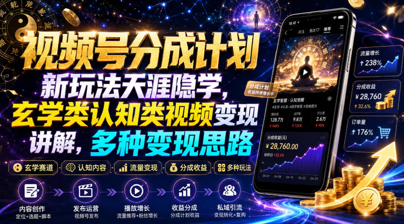 视频号分成计划新玩法天涯隐学，玄学类认知类视频变现讲解，多种变现思路-选优云网创