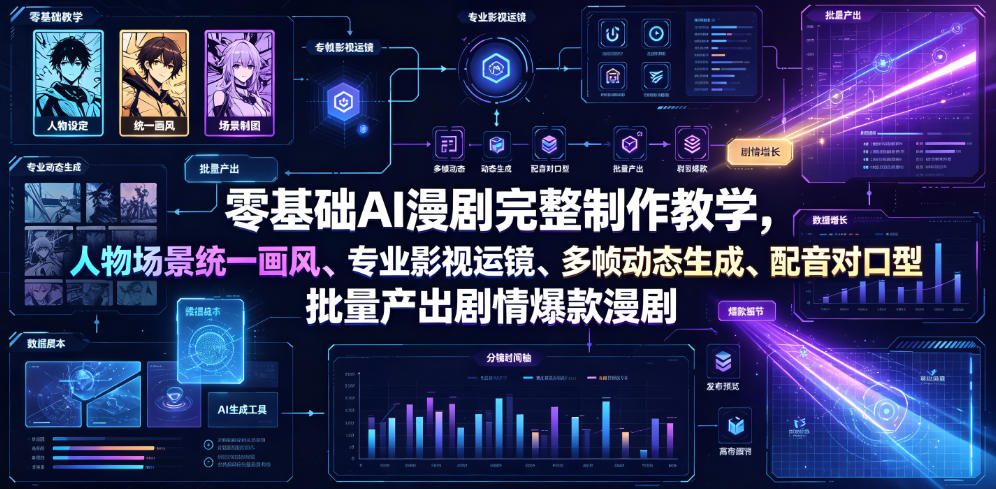 零基础AI漫剧完整制作教学，人物场景统一画风、专业影视运镜、多帧动态生成、配音对口型，批量产出剧情爆款漫剧-选优云网创