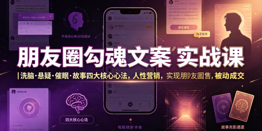 朋友圈勾魂文案实战课｜洗脑·悬疑·催眠·故事四大核心心法，吃透人性营销，实现朋友圈不销而售被动成交-选优云网创