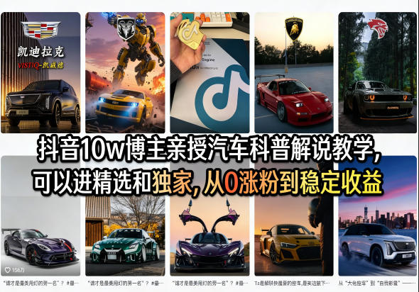 抖音10w博主亲授汽车科普解说教学，可以进精选和独家，从0涨粉到稳定收益（详细视频课程+1T素材）-选优云网创