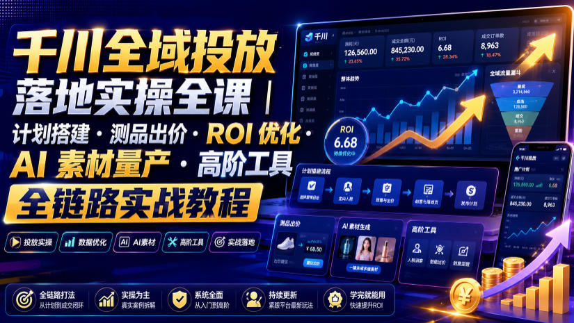 千川全域投放落地实操全课｜计划搭建・测品出价・ROI优化・AI素材量产・高阶工具全链路实战教程-选优云网创