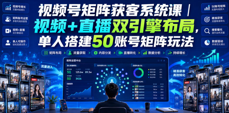 视频号矩阵获客系统课｜视频+直播双引擎布局，单人搭建50账号矩阵玩法，流量入池、搜索占位、全域引流沉淀私域全流程教学-选优云网创