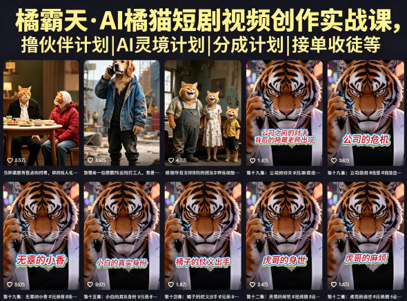 橘霸天·AI橘猫短剧视频创作实战课，撸伙伴计划|AI灵境计划|分成计划|接单收徒等-选优云网创