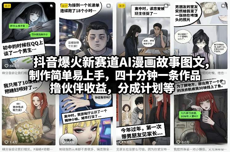 抖音爆火新赛道AI漫画故事图文，制作简单易上手，四十分钟一条作品，撸伙伴收益，分成计划等-选优云网创