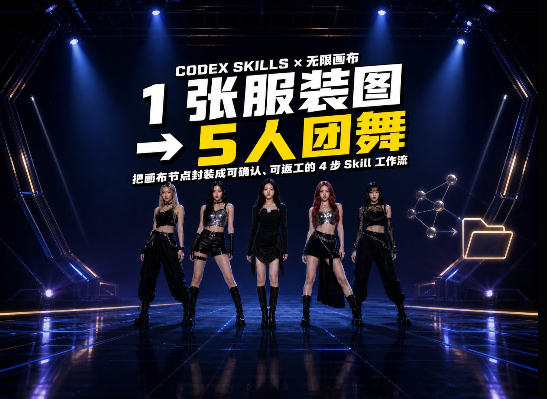 一张服装图生成五人团舞视频：我把 Codex+无限画布工作流做成了Skill-选优云网创