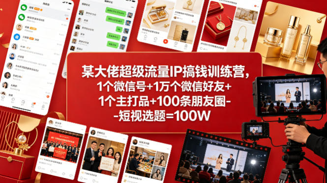 某大佬超级流量IP搞钱训练营，1个微信号+1万个微信好友+1个主打品+100条朋友圈-短视选题=100W-选优云网创