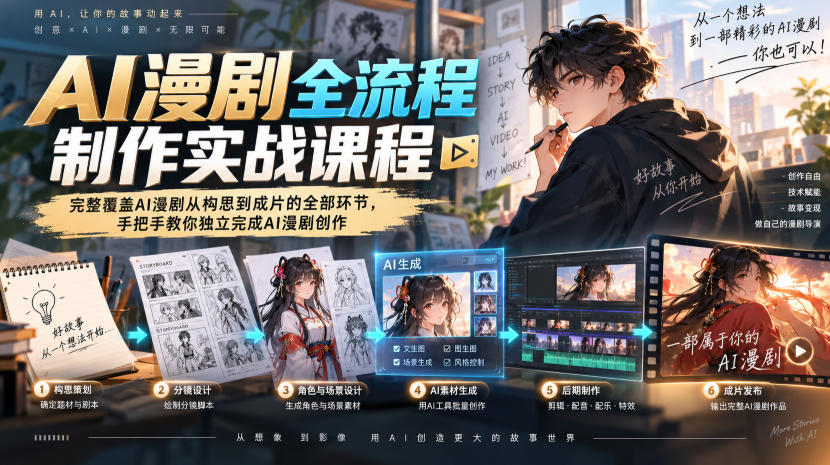 AI漫剧全流程制作实战课程，完整覆盖AI漫剧从构思到成片的全部环节，手把手教你独立完成AI漫剧创作-选优云网创