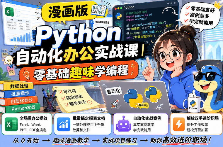 漫画版Python自动化办公实战课｜零基础趣味学编程，全场景办公提效、批量搞定报表文档、解放双手进阶职场-选优云网创