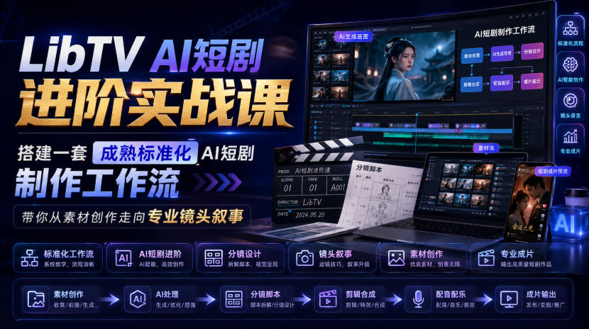 LibTV AI短剧进阶实战课,搭建一套成熟标准化AI短剧制作工作流,带你从素材创作走向专业镜头叙事-选优云网创