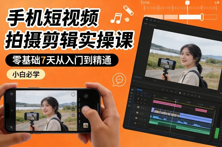 手机短视频拍摄剪辑实操课，零基础7天从入门到精通，小白必学-选优云网创