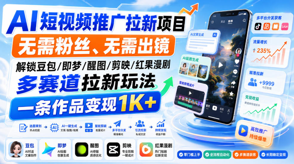 AI短视频推广拉新项目，无需粉丝、无需出镜，解锁豆包/即梦/醒图/剪映/红果漫剧多赛道拉新玩法，一条作品变现1K+（更新0910）-选优云网创