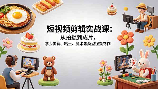短视频剪辑实战课:从拍摄到成片,学会美食、粘土、魔术等类型视频制作-选优云网创
