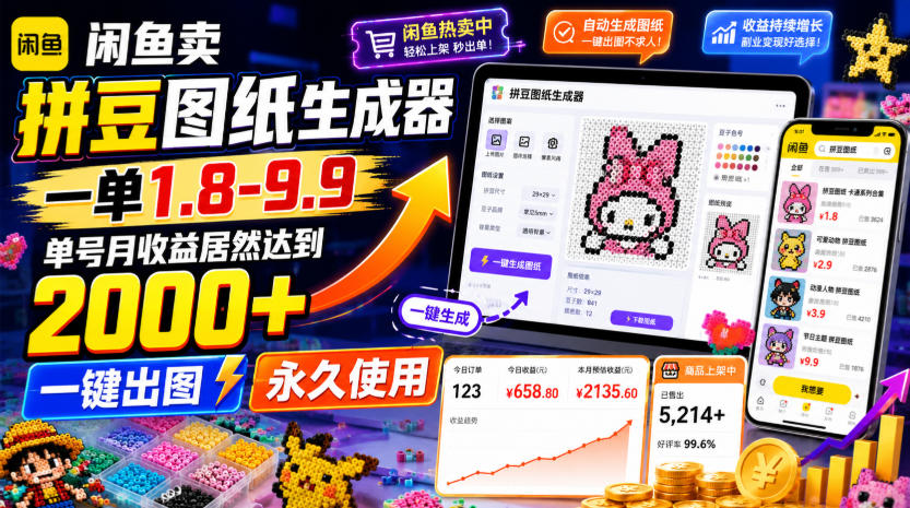 闲鱼卖拼豆图纸生成器，一单1.8-9.9，单号月收益居然达到2000+一键出图永久使用-选优云网创