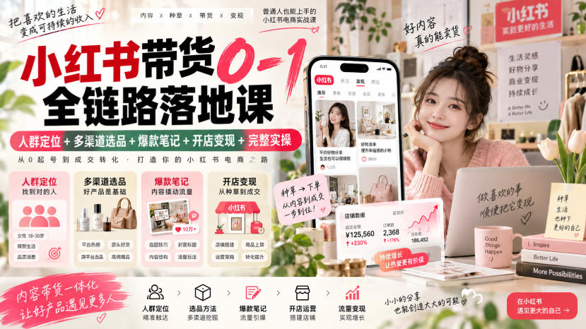 小红书带货0-1全链路落地课｜人群定位+多渠道选品+爆款笔记+开店变现完整实操-选优云网创