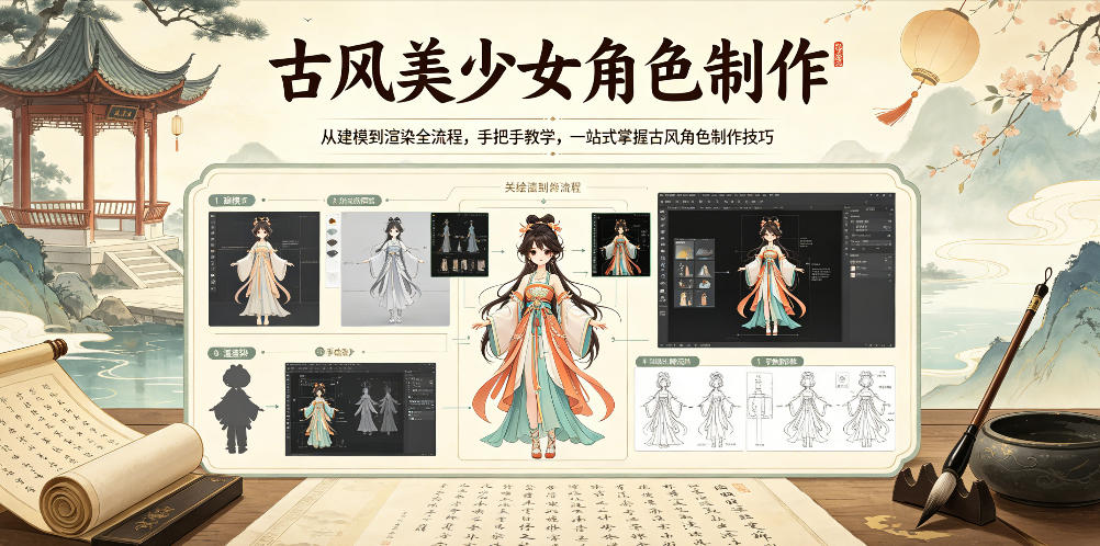 古风美少女角色制作，从建模到渲染全流程，手把手教学，一站式掌握古风角色制作技巧-选优云网创