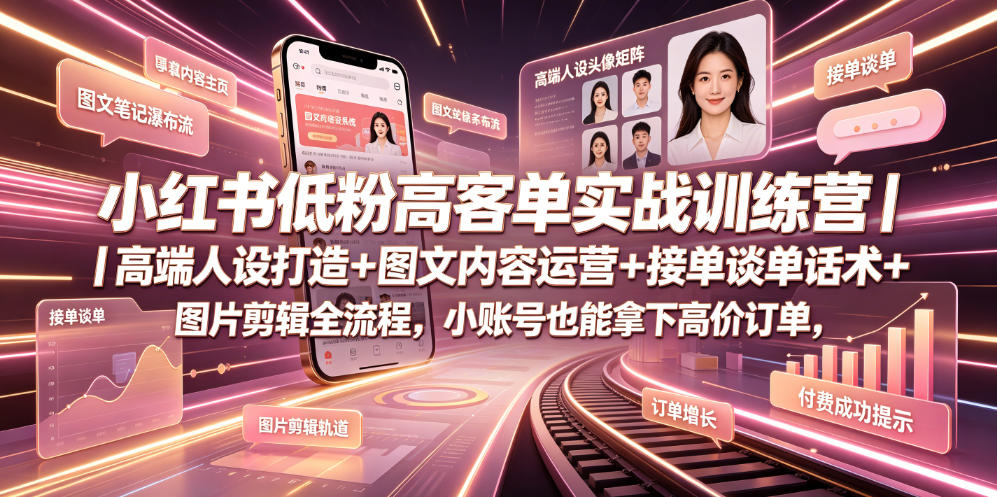 小红书低粉高客单实战训练营｜高端人设打造+图文内容运营+接单谈单话术+图片剪辑全流程，小账号也能拿下高价订单-选优云网创