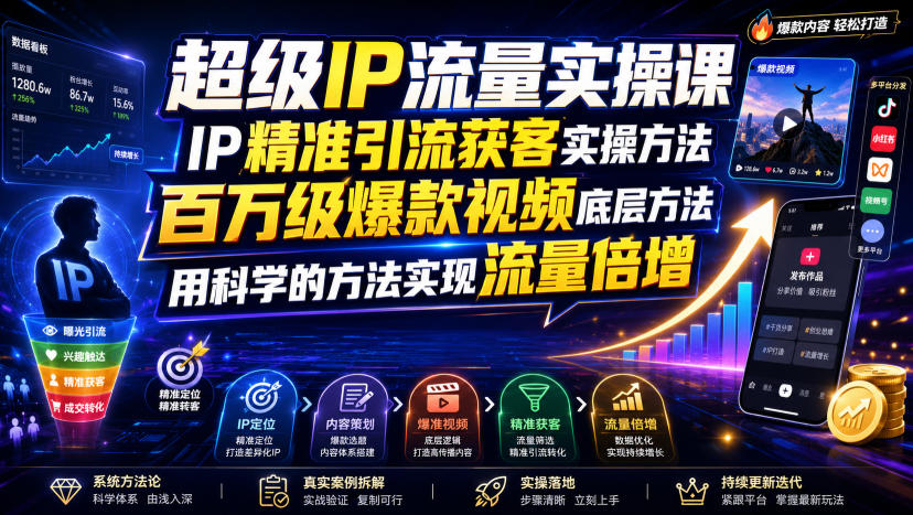 超级IP流量实操课，IP精准引流获客实操方法，百万级爆款视频底层方法，用科学的方法实现流量倍增-选优云网创