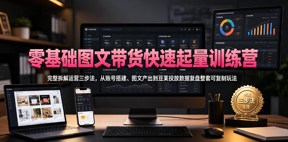零基础图文带货快速起量训练营，完整拆解运营三步法，从账号搭建、图文产出到豆荚投放数据复盘整套可复制玩法-选优云网创