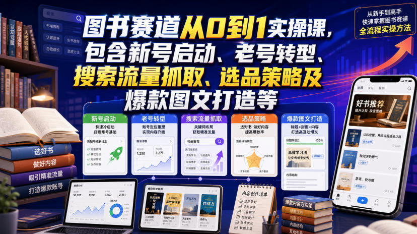 图书赛道从0到1实操课，包含新号启动、老号转型、搜索流量抓取、选品策略及爆款图文打造等-选优云网创