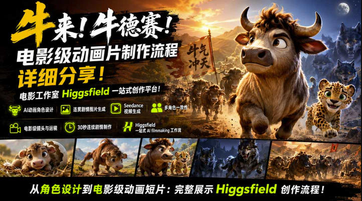 牛来！牛德赛！电影级动画片制作流程详细分享！电影工作室Higgsfield一站式创作平台，完整创作流程-选优云网创