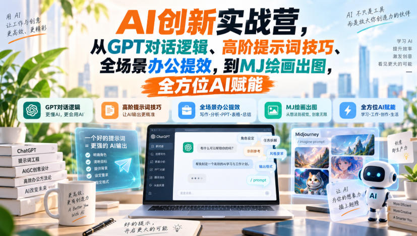 AI创新实战营，从GPT对话逻辑、高阶提示词技巧、全场景办公提效，到MJ绘画出图，全方位AI赋能-选优云网创