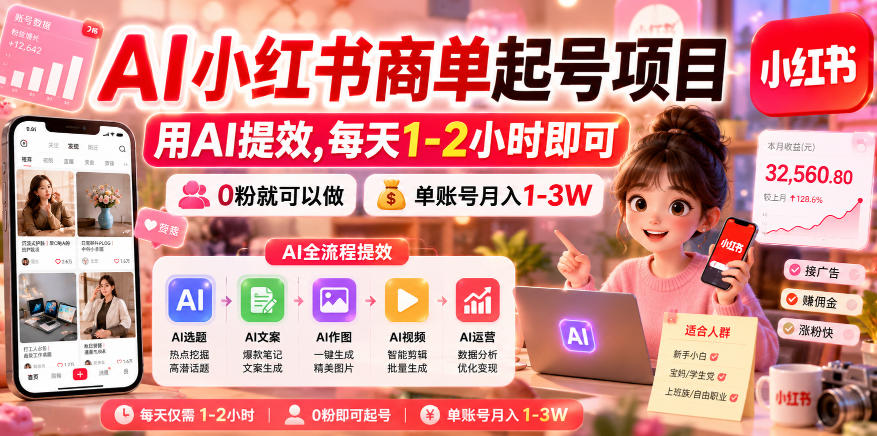 AI小红书商单起号项目，用AI提效,每天1-2小时即可，0粉就可以做，单账号月入1-3W-选优云网创