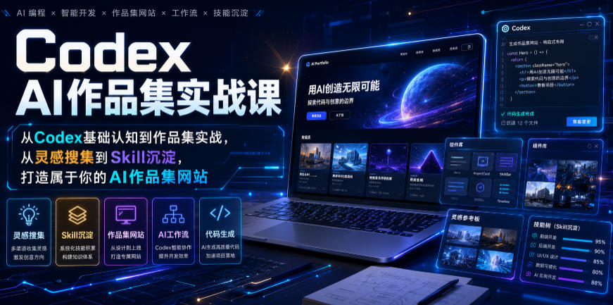 Codex AI作品集实战课，从Codex基础认知到作品集实战，从灵感搜集到Skill沉淀，打造属于你的AI作品集网站-选优云网创