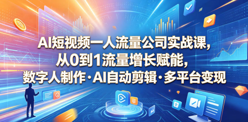 AI短视频一人流量公司实战课，从0到1流量增长赋能，数字人制作・AI自动剪辑・多平台变现，一人做流量生意全落地教程-选优云网创