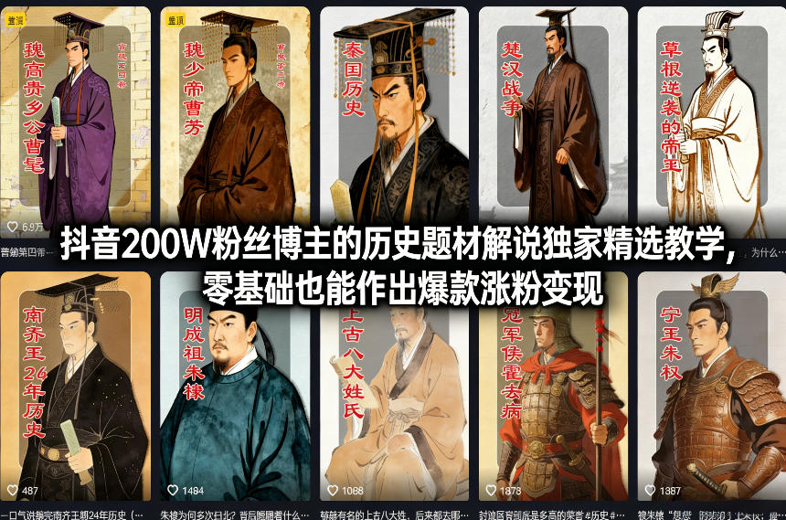 抖音200W粉丝博主的历史题材解说独家精选教学，零基础也能作出爆款涨粉变现-选优云网创