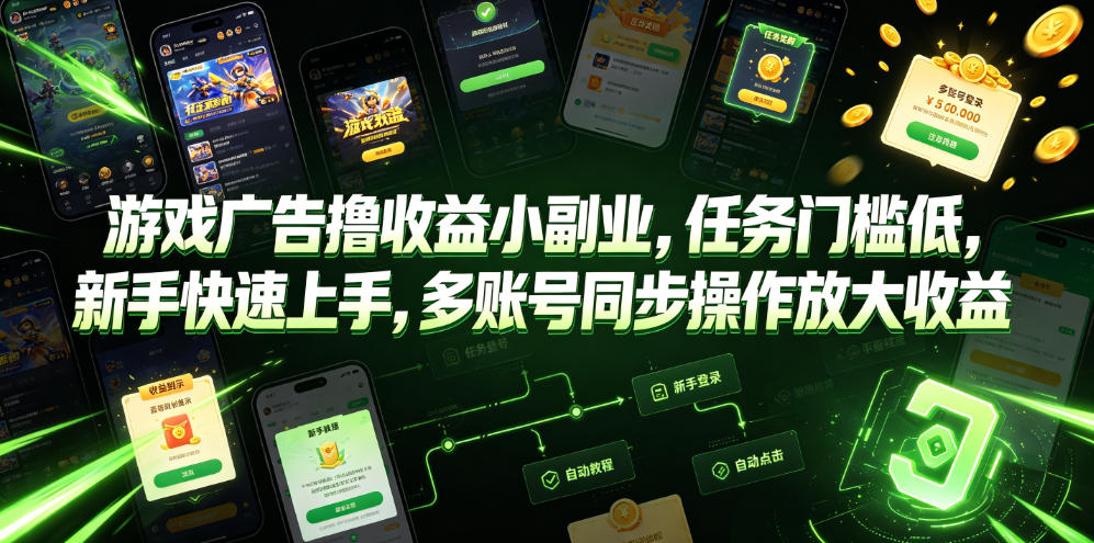 游戏广告撸收益小副业,任务门槛低,新手快速上手,多账号同步操作放大收益-选优云网创