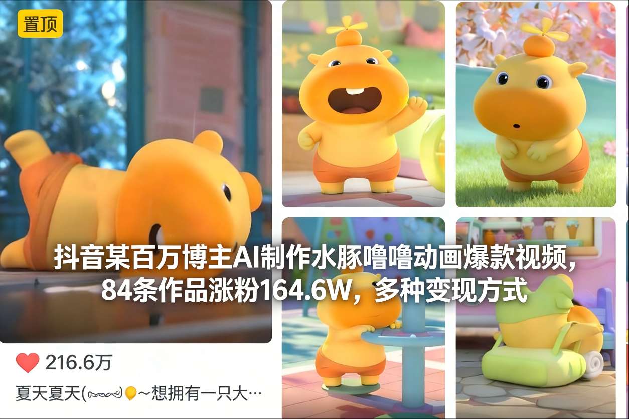 抖音某百万博主AI制作水豚噜噜动画爆款视频，84条作品涨粉164.6W，多种变现方式-选优云网创