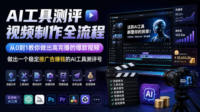AI工具测评视频制作全流程，从0到1教你做出高完播的爆款视频，做出一个稳定接广告賺钱的AI工具测评号-选优云网创