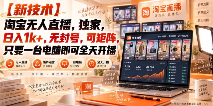 【独家新技术】淘宝无人直播，日入1k+，无封号，可矩阵，只要一台电脑即可全天开播【揭秘】-选优云网创