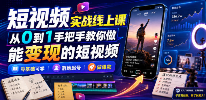 短视频实战线上课，从0到1手把手教你做能变现的短视频，零基础可学，落地起号做爆款-选优云网创
