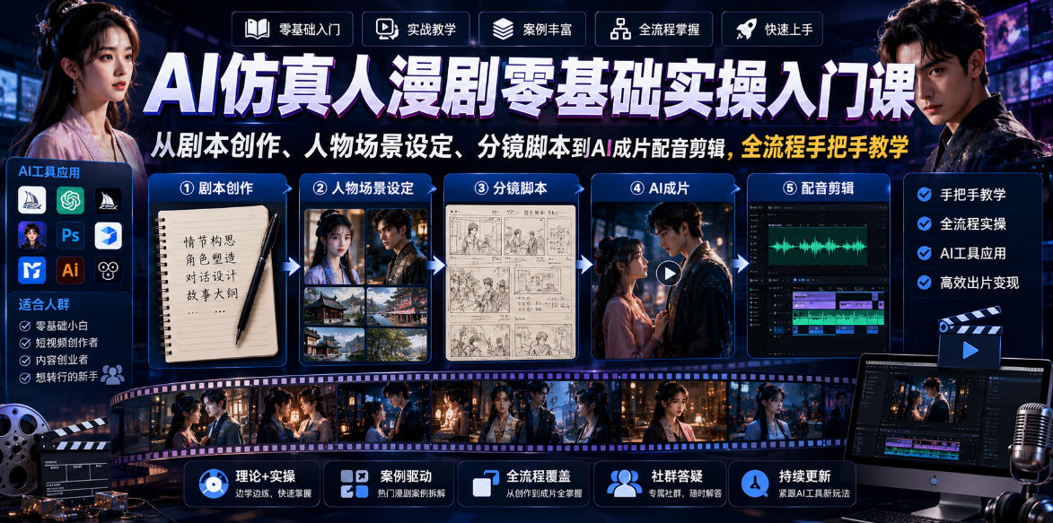 AI仿真人漫剧零基础实操入门课，从剧本创作、人物场景设定、分镜脚本到AI成片配音剪辑，全流程手把手教学-选优云网创