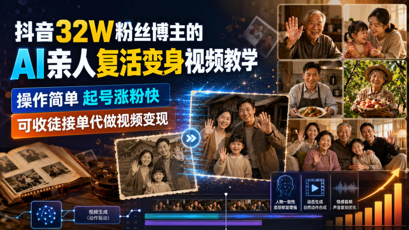 抖音32W粉丝博主的AI亲人复活变身视频教学,操作简单,起号涨粉快,可收徒接单代做视频变现-选优云网创
