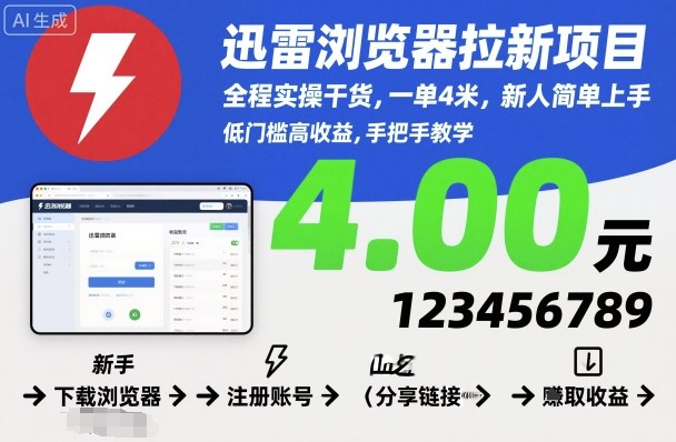 迅雷浏览器拉新项目，全程实操干货，一单4米，新人简单上手-选优云网创