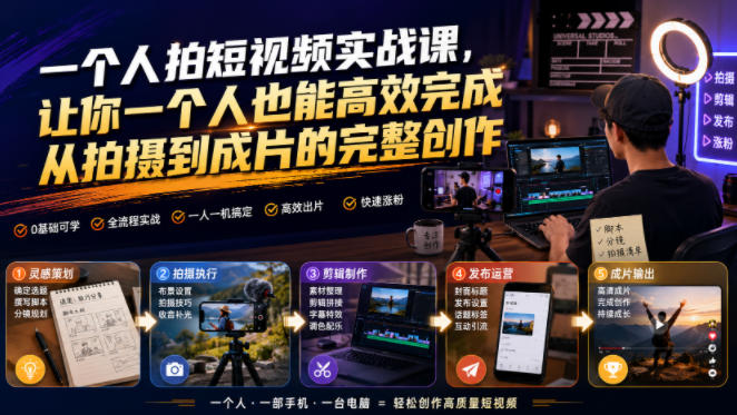 一个人拍短视频实战课，让你一个人也能高效完成从拍摄到成片的完整创作-选优云网创