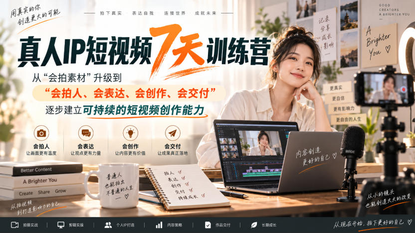 真人IP短视频7天训练营，从“会拍素材”升级到“会拍人、会表达、会创作、会交付”，逐步建立可持续的短视频创作能力-选优云网创