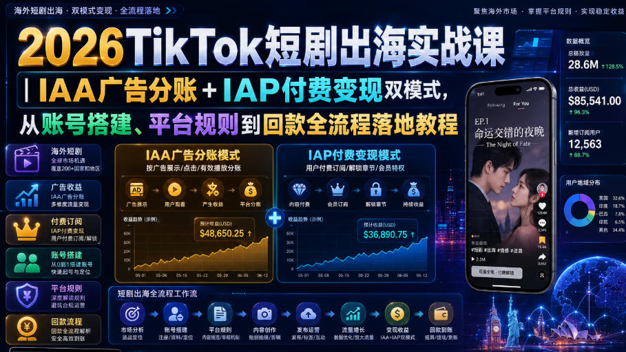 2026TikTok短剧出海实战课｜IAA广告分账+IAP付费变现双模式，从账号搭建、平台规则到回款全流程落地教程-选优云网创
