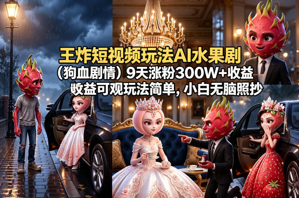 王炸短视频玩法AI水果剧(狗血剧情)9天涨粉300W+收益可观玩法简单，小白无脑照抄，详细拆解玩法-选优云网创