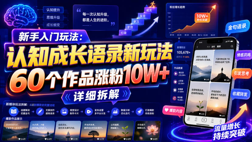 新手入门玩法：认知成长语录新玩法，60个作品涨粉10W+，详细拆解-选优云网创