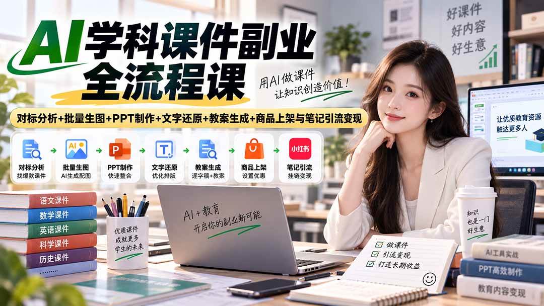（20469期）AI学科课件副业全流程课｜对标分析+批量生图+PPT制作+文字还原+教案生成+商品上架与笔记引流变现-选优云网创