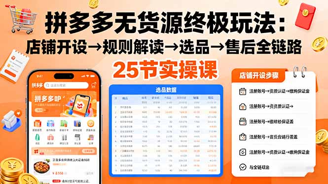 拼多多无货源终极玩法：店铺开设→规则解读→选品→售后全链路,25节实操课-选优云网创