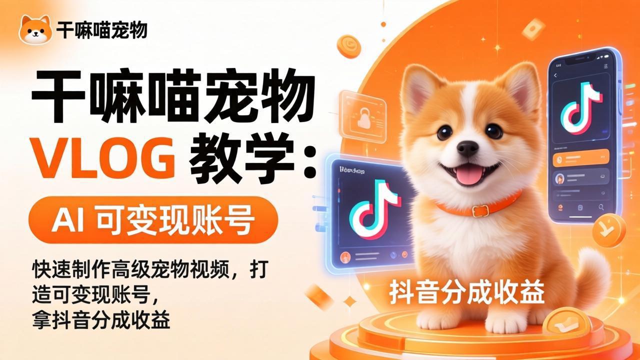 干嘛喵宠物 VLOG 教学：AI 快速制作高级宠物视频，打造可变现账号，拿抖音分成收益-选优云网创