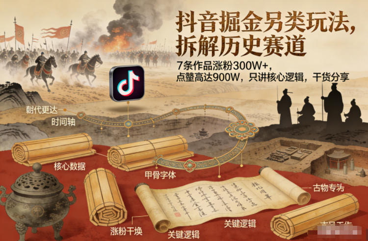 抖音掘金另类玩法，拆解历史赛道，7条作品涨粉300W+，点赞量高达900W，只讲核心逻辑，干货分享-选优云网创
