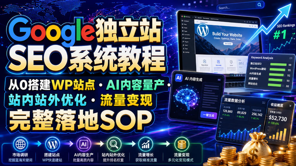 Google独立站SEO系统教程，从0搭建WP站点・AI内容量产・站内站外优化・流量变现完整落地SOP(2026年7月)-选优云网创