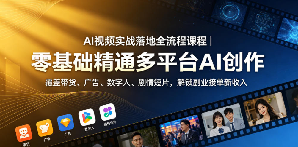 AI视频实战落地全流程课程|零基础精通多平台AI创作,覆盖带货、广告、数字人、剧情短片,解锁副业接单新收入-选优云网创