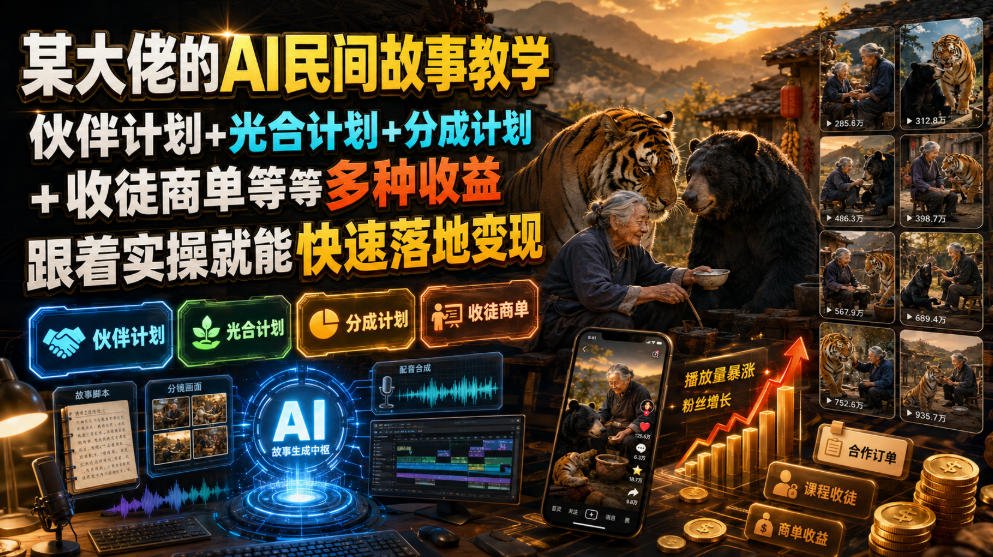 某大佬的AI民间故事教学，伙伴计划+光合计划+分成计划+收徒商单等多种收益，跟着实操就能快速落地变现-选优云网创